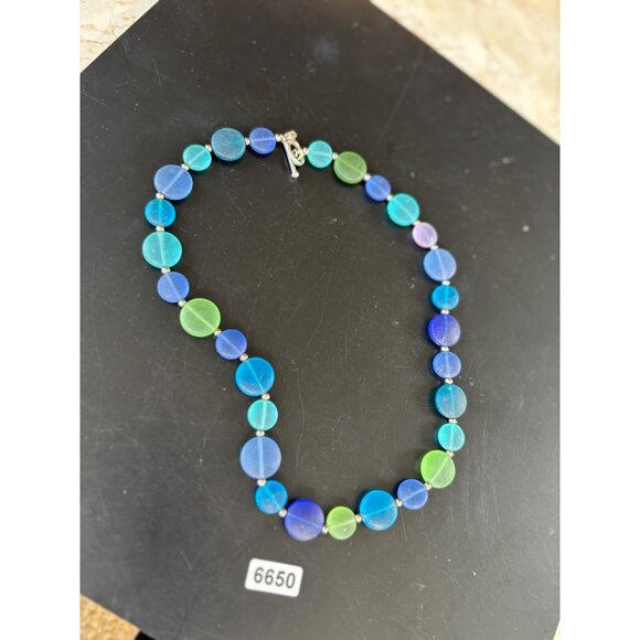 Handcrafted Multicolor Frosted Glass Bead Necklace With Silver Accents & Toggle - Picture 7 of 9